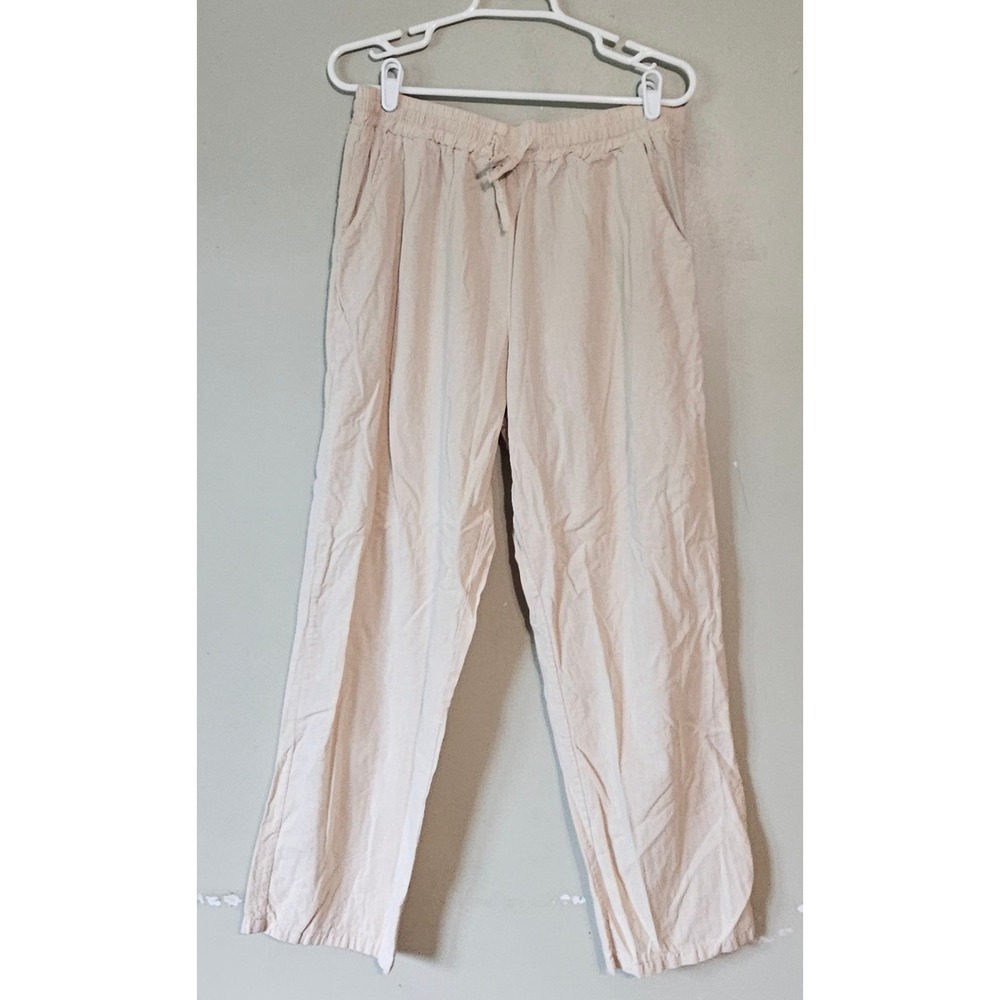 Beige Cotton Linen Blend Drawstring‎ Elastic Waist Straight Leg Pants XL